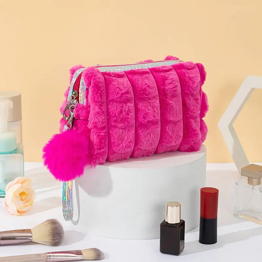 Makeup Bag, Travel Bag, Pink Fuzzy Bag