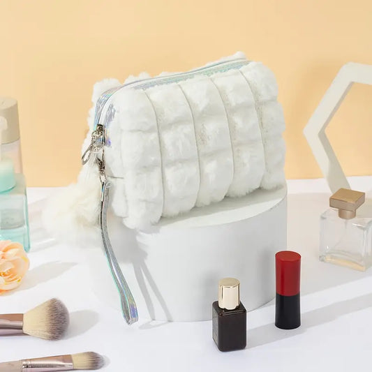 Makeup Bag, Travel Bag, White Fuzzy Bag